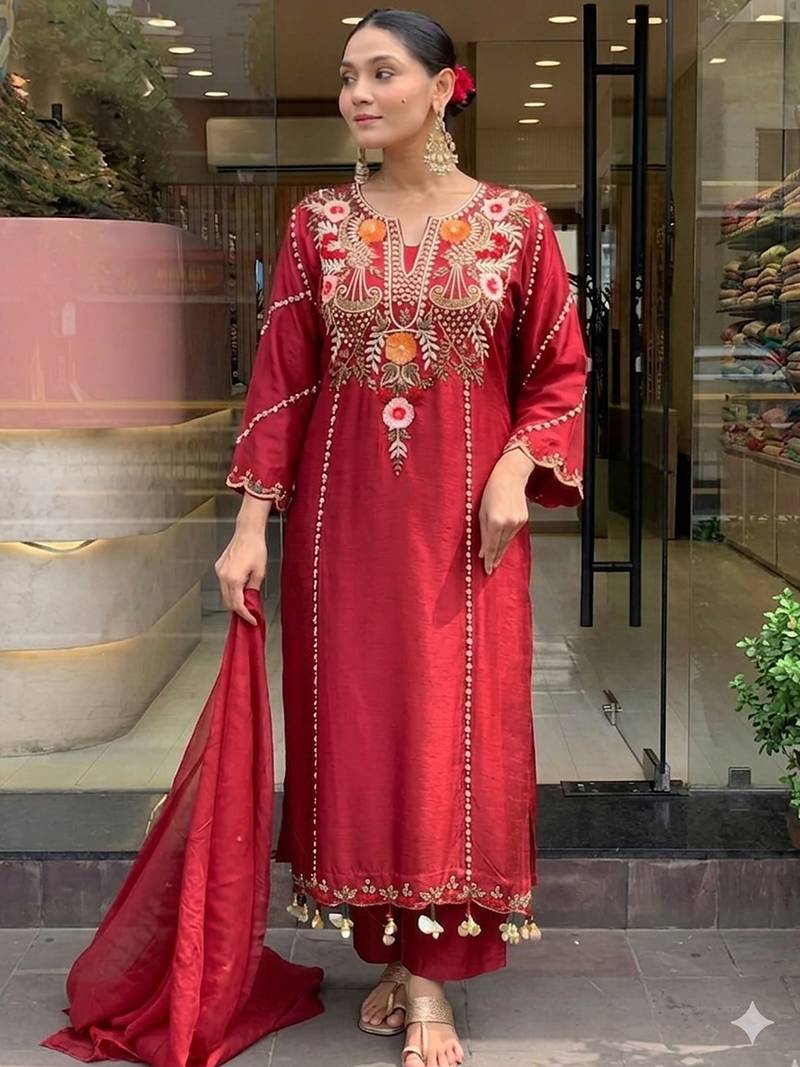 Maroon p.v chanderi heavy thread embroidery work kurta pant set