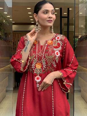 Maroon p.v chanderi heavy thread embroidery work kurta pant set 4