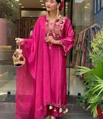 Rani pink p.v chanderi heavy thread embroidery work kurta pant set