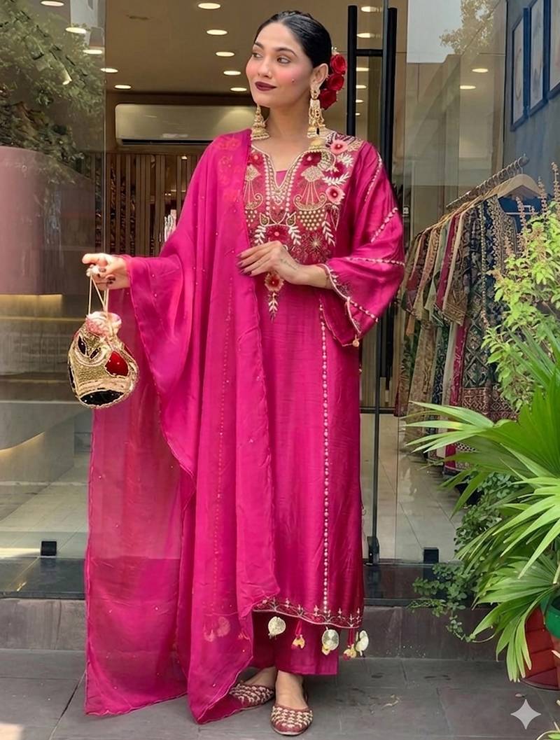 Rani pink p.v chanderi heavy thread embroidery work kurta pant set