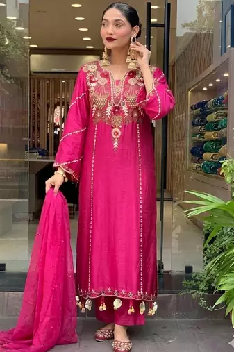Rani pink p.v chanderi heavy thread embroidery work kurta pant set