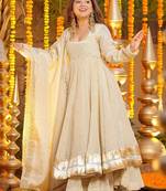 Cream chinon heavy thread embroidery work kurta with palazzo set
