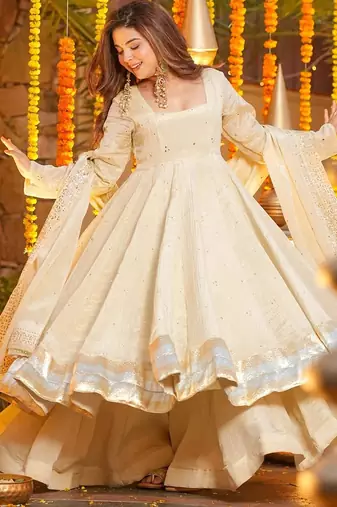 Cream chinon heavy thread embroidery work kurta with palazzo set