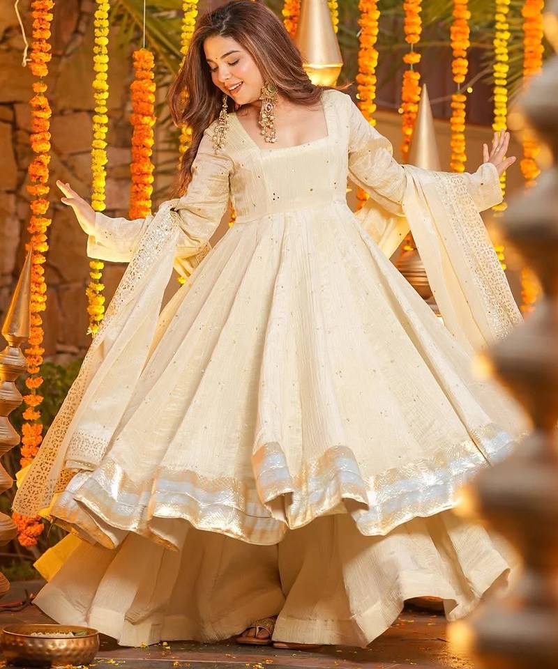 Cream chinon heavy thread embroidery work kurta with palazzo set