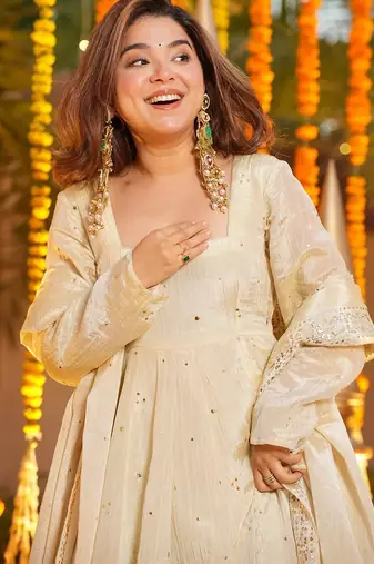 Cream chinon heavy thread embroidery work kurta with palazzo set