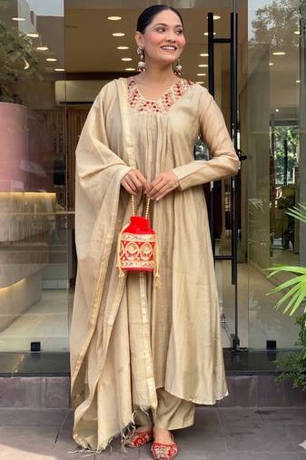 Beige chanderi heavy thread embroidery work kurta pant set
