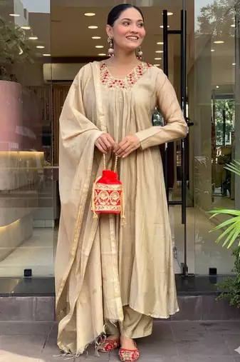 Beige chanderi heavy thread embroidery work kurta pant set