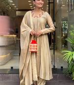 Beige chanderi heavy thread embroidery work kurta pant set