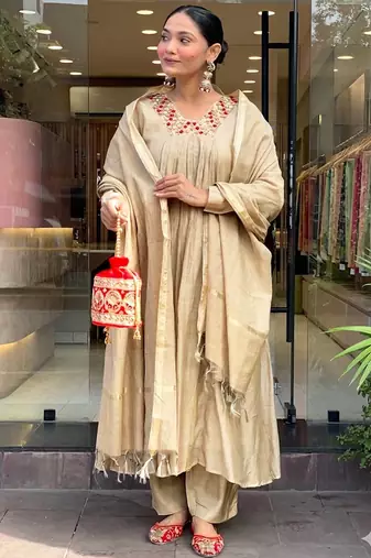 Beige chanderi heavy thread embroidery work kurta pant set