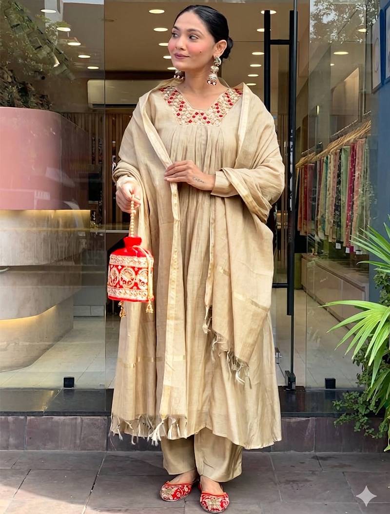 Beige chanderi heavy thread embroidery work kurta pant set