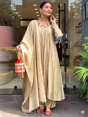 Beige chanderi heavy thread embroidery work kurta pant set 3