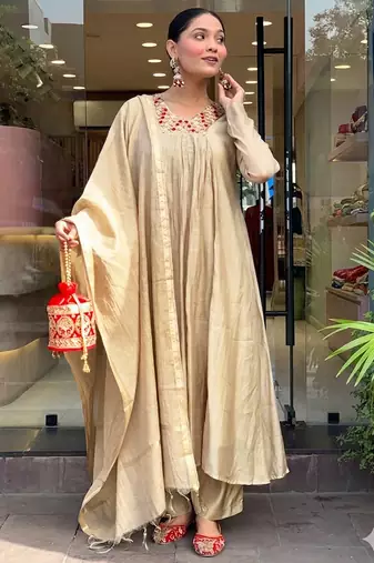 Beige chanderi heavy thread embroidery work kurta pant set
