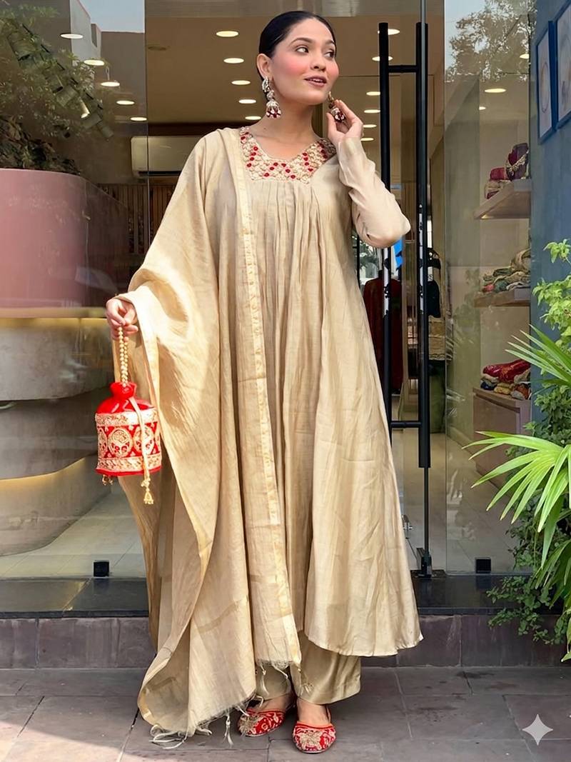 Beige chanderi heavy thread embroidery work kurta pant set