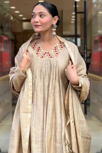 Beige chanderi heavy thread embroidery work kurta pant set