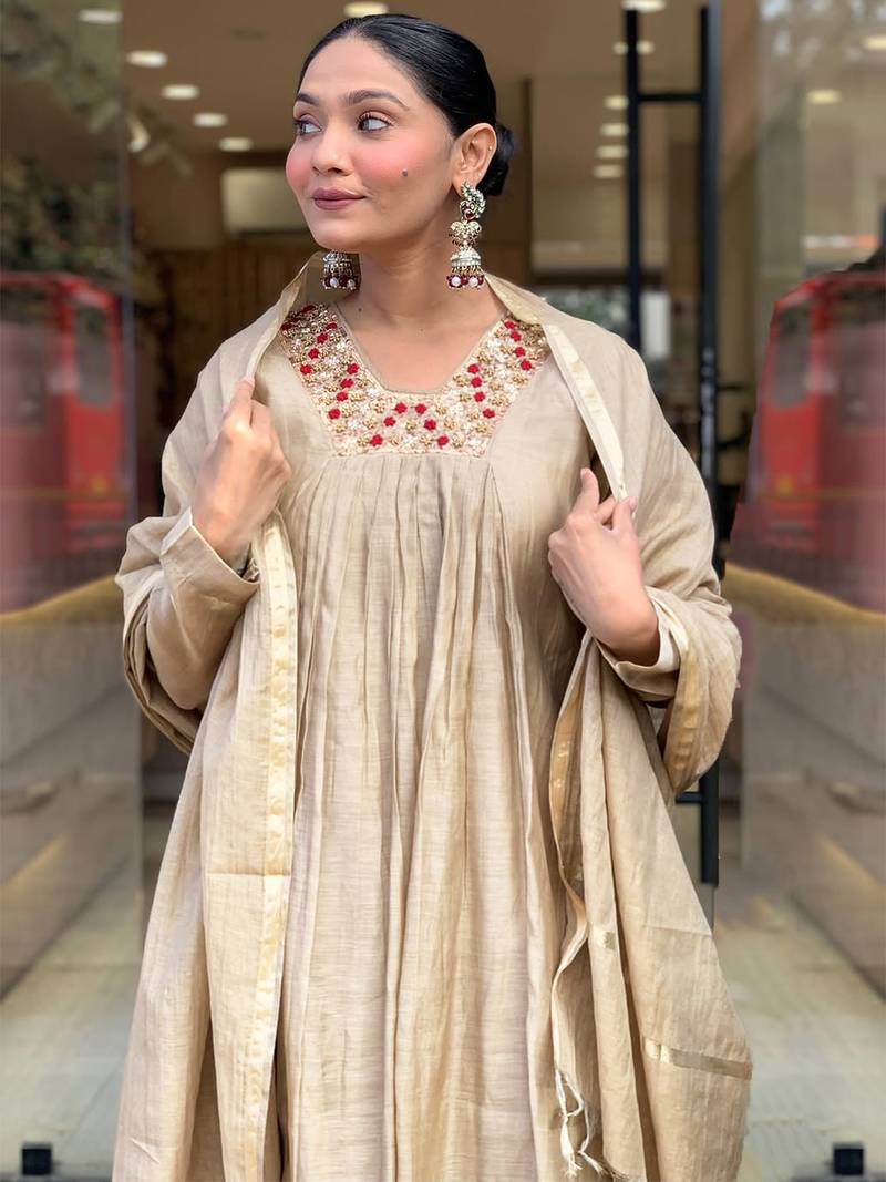 Beige chanderi heavy thread embroidery work kurta pant set