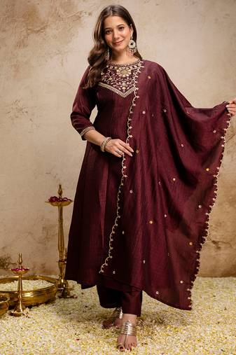 Coffee vichitra silk heavy thread embroidery work kurta pant set