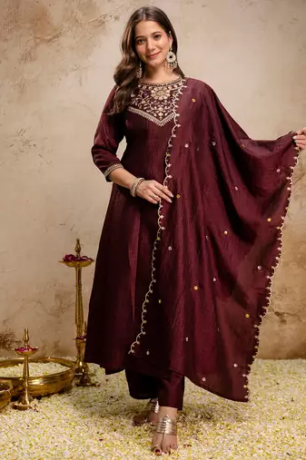 Coffee vichitra silk heavy thread embroidery work kurta pant set