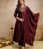Coffee vichitra silk heavy thread embroidery work kurta pant set