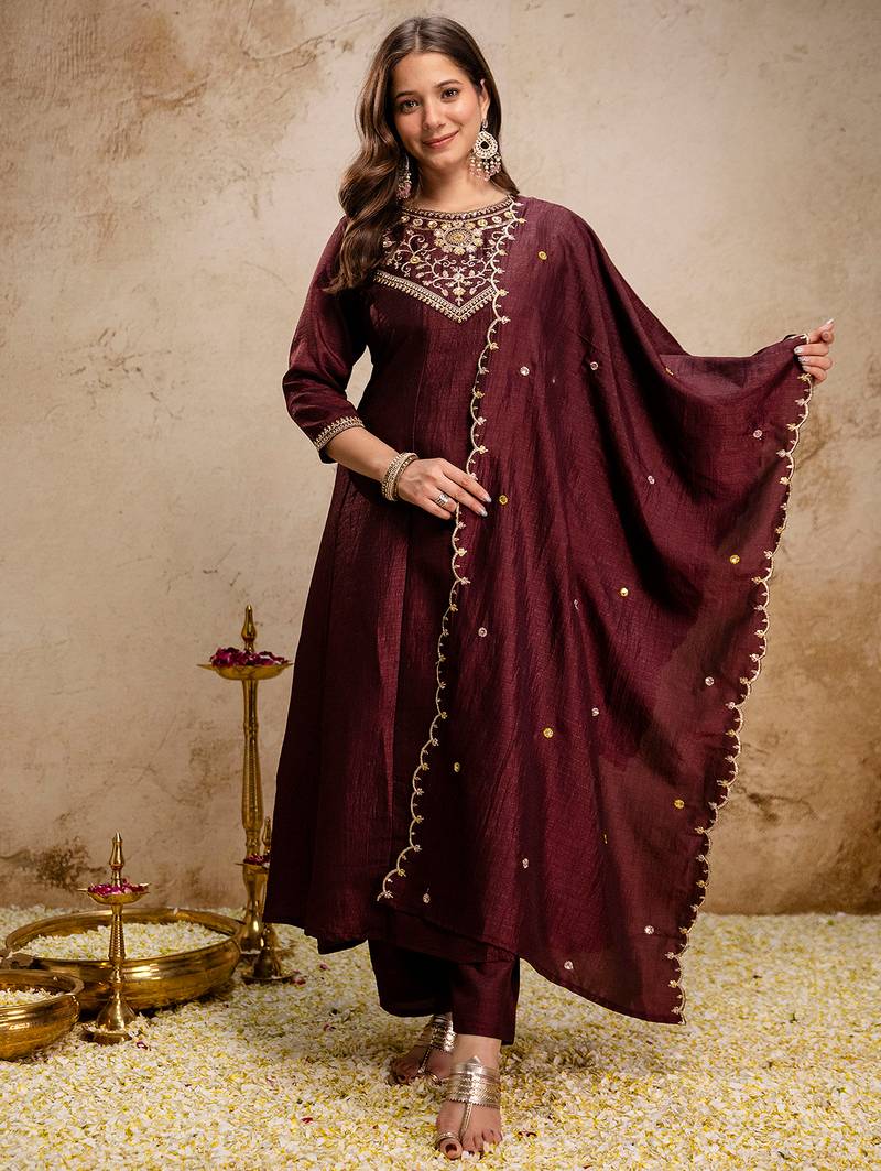 Coffee vichitra silk heavy thread embroidery work kurta pant set