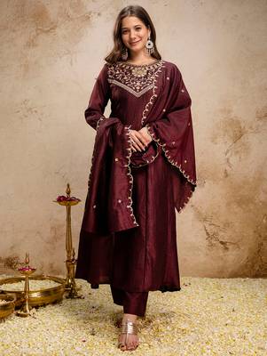 Coffee vichitra silk heavy thread embroidery work kurta pant set 2