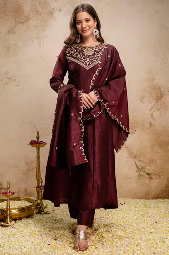 Coffee vichitra silk heavy thread embroidery work kurta pant set