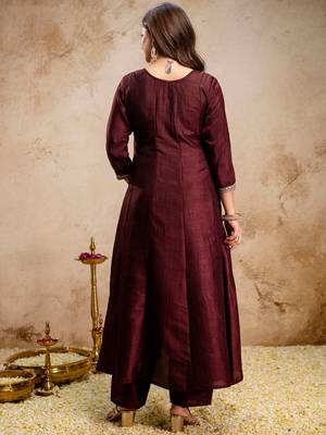 Coffee vichitra silk heavy thread embroidery work kurta pant set 3