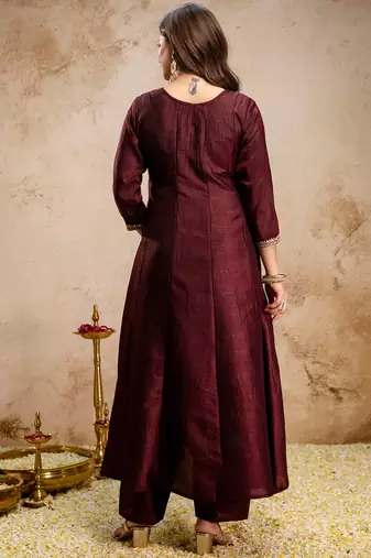 Coffee vichitra silk heavy thread embroidery work kurta pant set