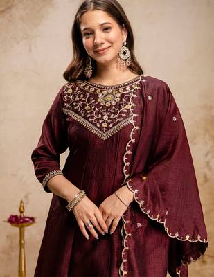 Coffee vichitra silk heavy thread embroidery work kurta pant set 4