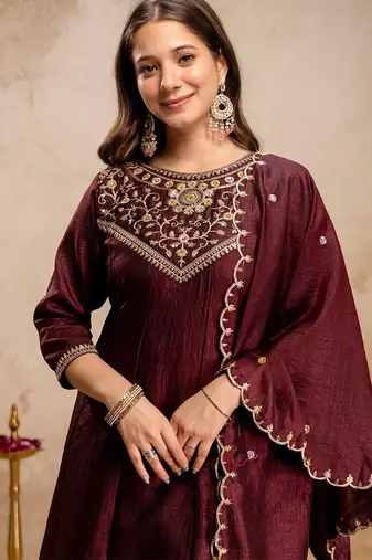 Coffee vichitra silk heavy thread embroidery work kurta pant set