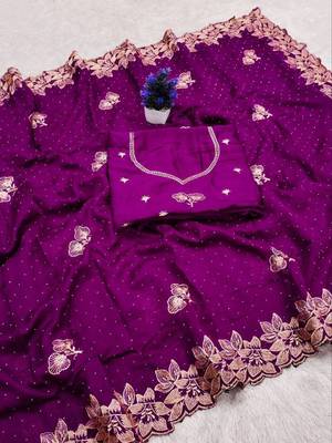 Lavender Color embroidery work Silk Sree 1