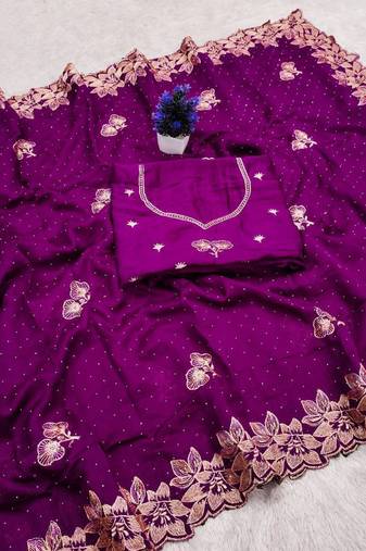 Lavender Color embroidery work Silk Sree