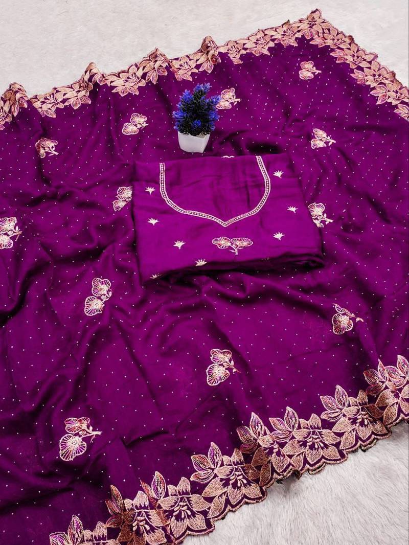 Lavender Color embroidery work Silk Sree