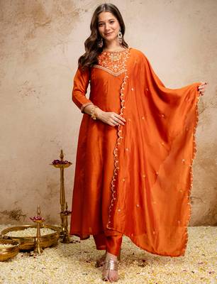 Orange vichitra silk heavy thread embroidery work kurta pant set 1