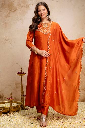 Orange vichitra silk heavy thread embroidery work kurta pant set