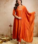 Orange vichitra silk heavy thread embroidery work kurta pant set