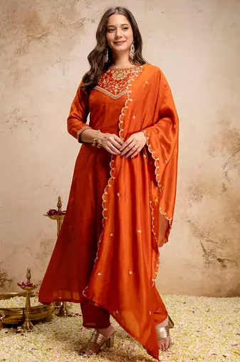 Orange vichitra silk heavy thread embroidery work kurta pant set