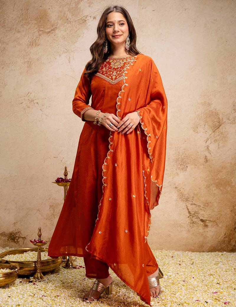 Orange vichitra silk heavy thread embroidery work kurta pant set