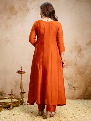 Orange vichitra silk heavy thread embroidery work kurta pant set 3