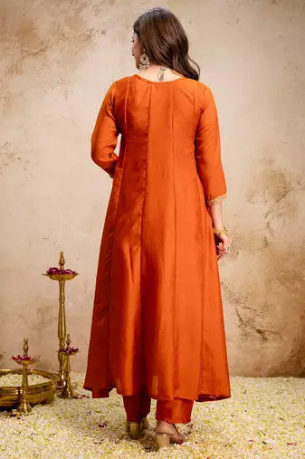 Orange vichitra silk heavy thread embroidery work kurta pant set