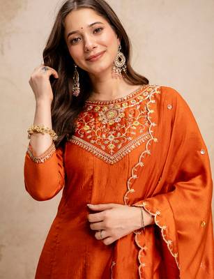 Orange vichitra silk heavy thread embroidery work kurta pant set 4