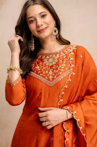 Orange vichitra silk heavy thread embroidery work kurta pant set