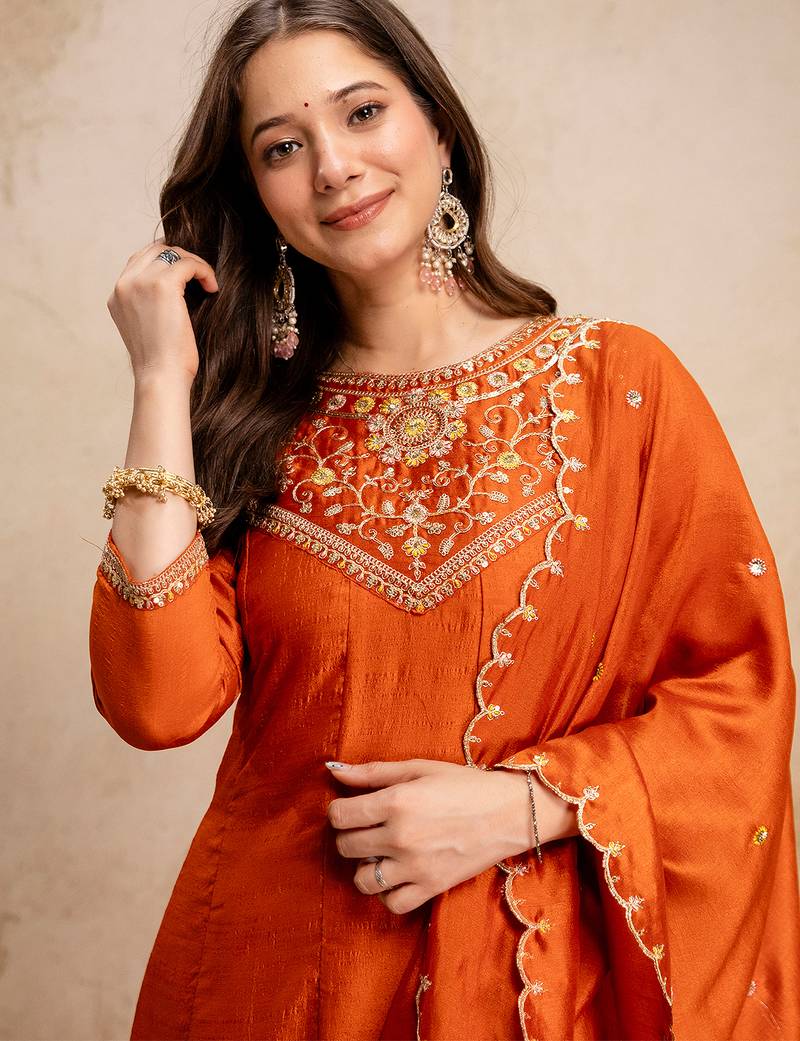 Orange vichitra silk heavy thread embroidery work kurta pant set