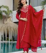 Red vichitra silk heavy thread embroidery work kurta pant set