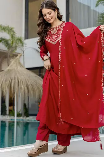 Red vichitra silk heavy thread embroidery work kurta pant set