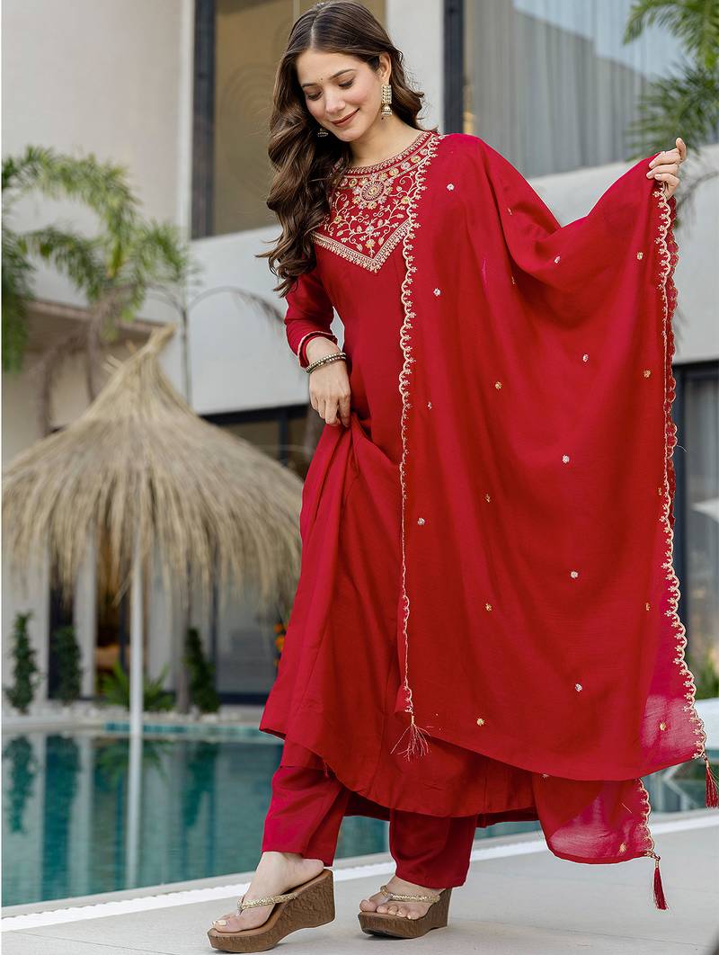 Red vichitra silk heavy thread embroidery work kurta pant set