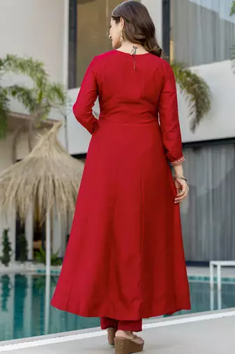 Red vichitra silk heavy thread embroidery work kurta pant set