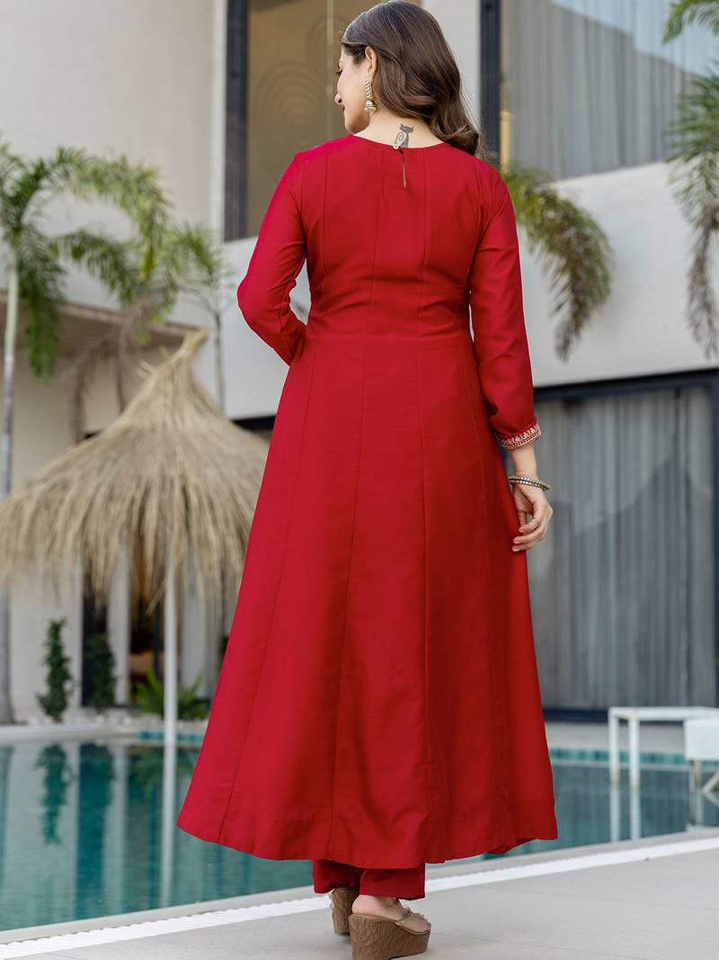 Red vichitra silk heavy thread embroidery work kurta pant set