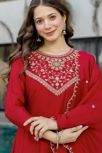 Red vichitra silk heavy thread embroidery work kurta pant set