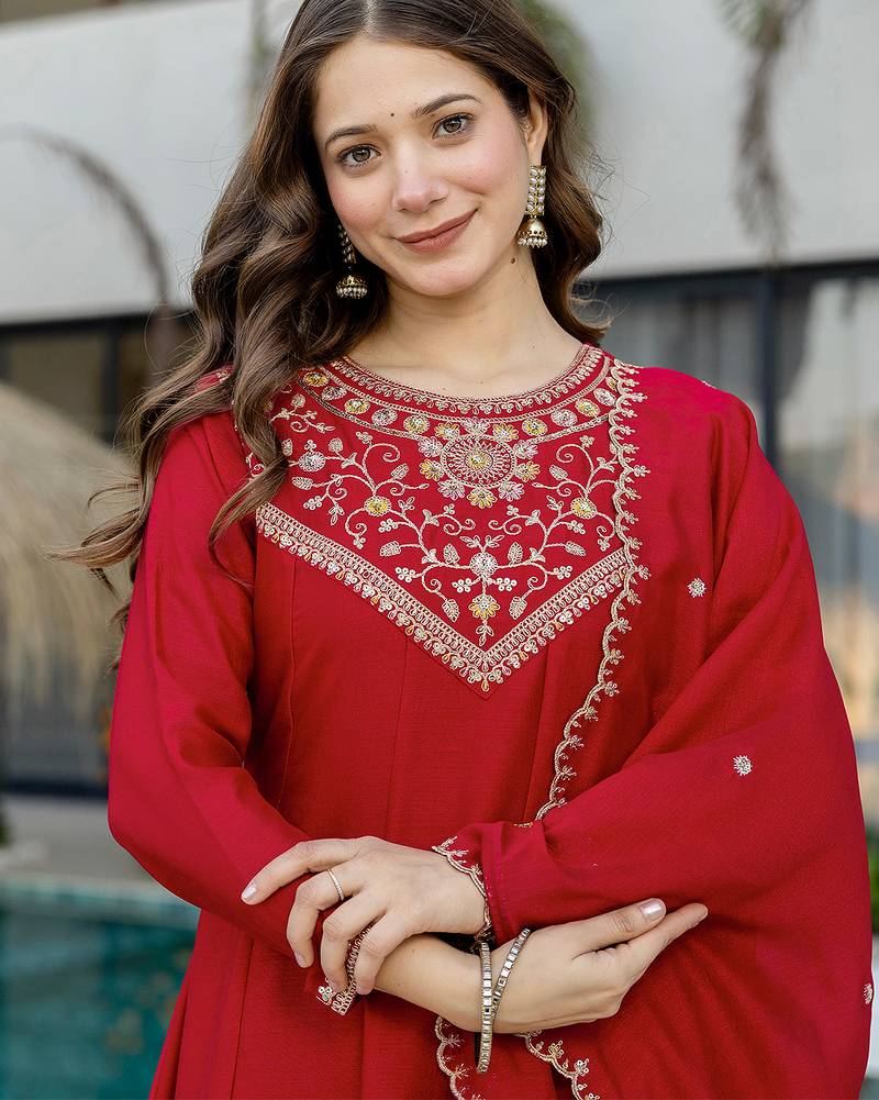 Red vichitra silk heavy thread embroidery work kurta pant set