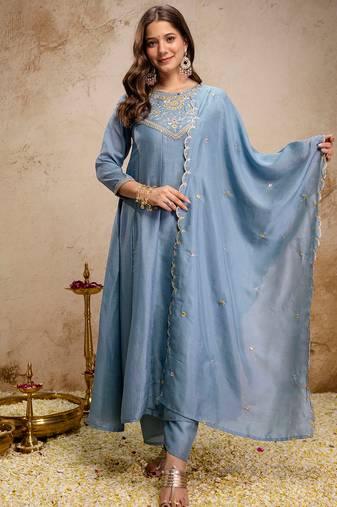 Sky blue vichitra silk heavy thread embroidery work kurta pant set